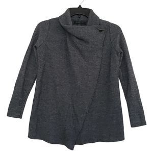 Tahari Women's XS Merino Wool Blend Grey Cardigan Crossover Waffle Knit Sweater